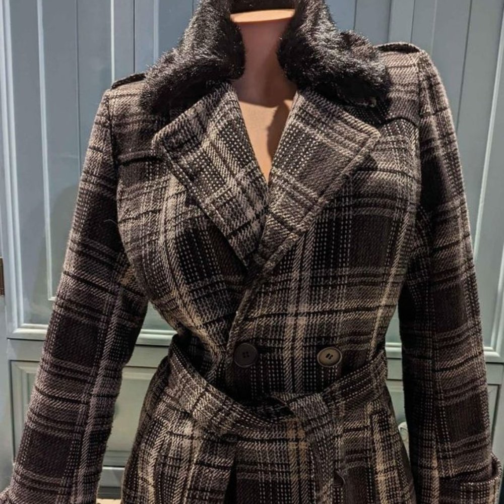 Women's Wool Plaid Belted Coat Jacket Medium